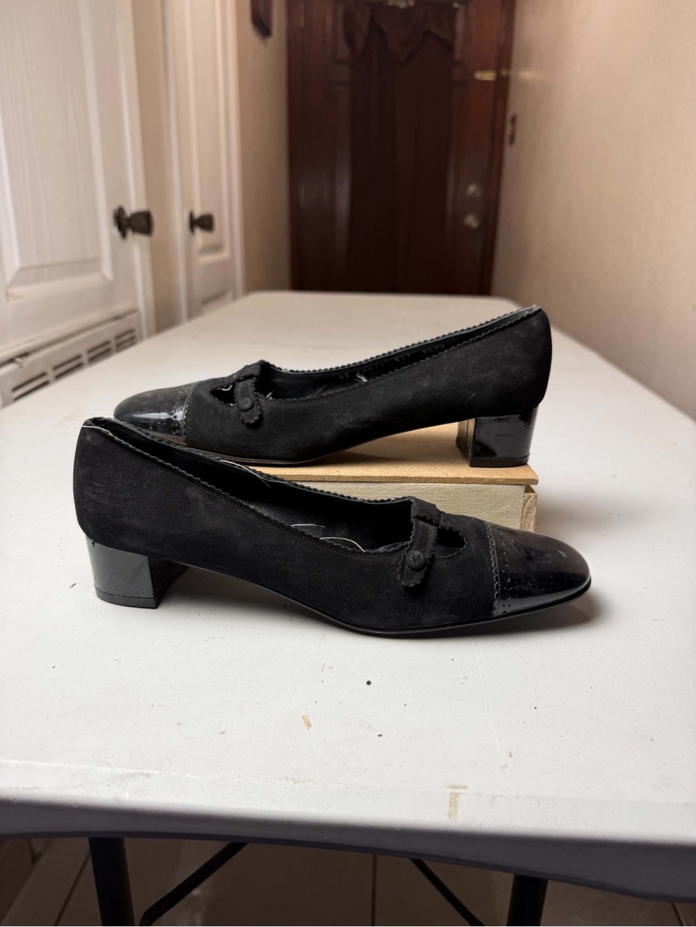 Vintage Salvatore Ferragamo Black
Suede & Patent Loafer-style Pumps,Sz 9.5